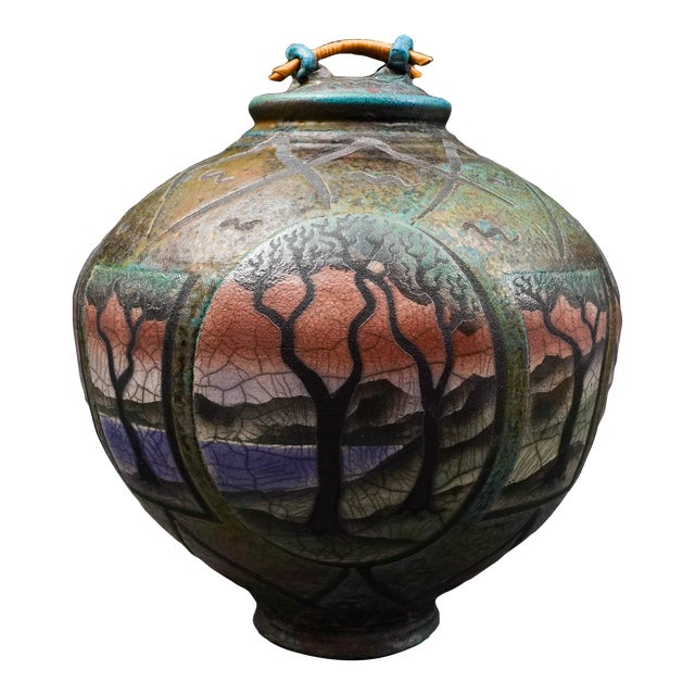 Ken Jensen 1998 Signed Large Landscape Scene Raku Pottery Covered Vessel Pot Jar For Sale