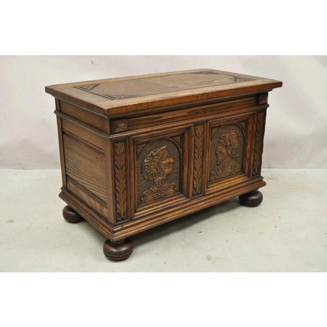 Antique Jacobean Oak Wood Figural Bust Carved Blanket Chest Trunk on Bun Feet For Sale - Image 4 of 11