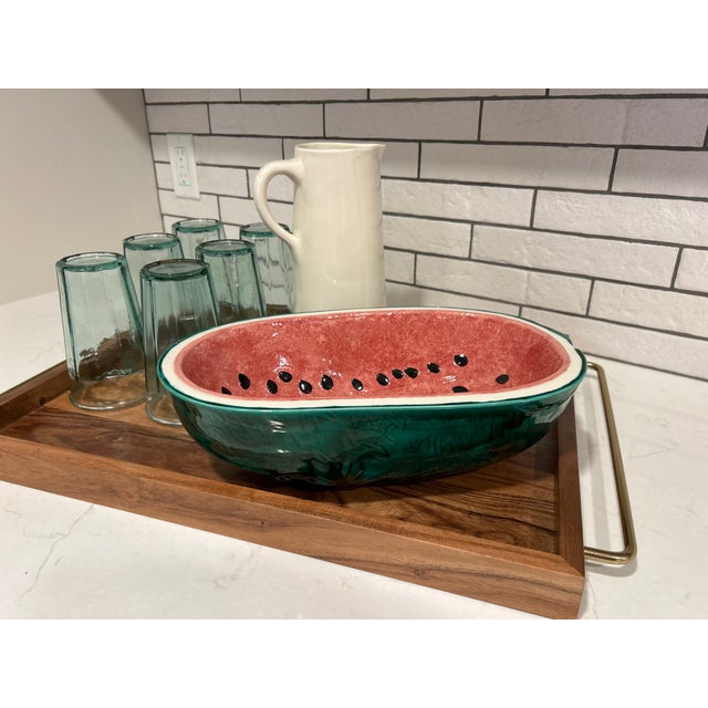 Vintage Watermelon Glazed Pottery Serving Bowl - Green Red Oval Bowl For Sale - Image 10 of 11
