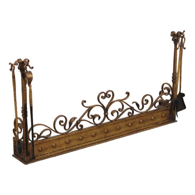 Gold Finish Iron Gothic Fireplace Fender Set For Sale