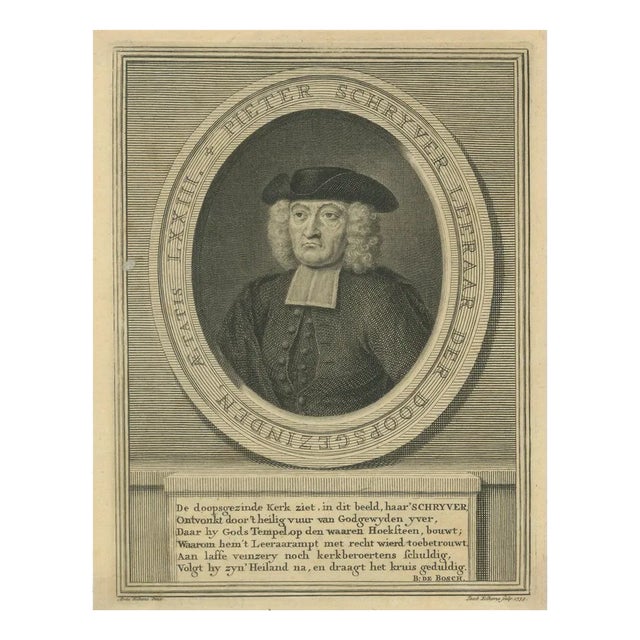 J. Folkema, Portrait of Pieter Schrijver Mennonite Preacher, 1739, Paper For Sale