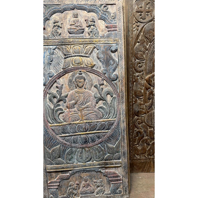 Antique Moonlight Carved Buddha Door Panel Seated Buddha on Lotus Wood Wall Art Meditation 83x36 For Sale - Image 9 of 9