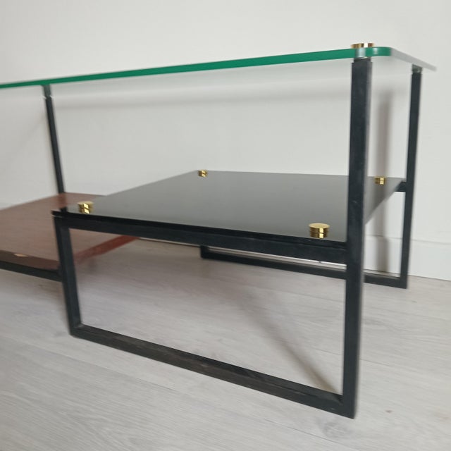 Mid-Century Modern Vintage Coffee Table in Glass and Teak with Black Metal Frame by George Friedman, 1960s For Sale - Image 3 of 10