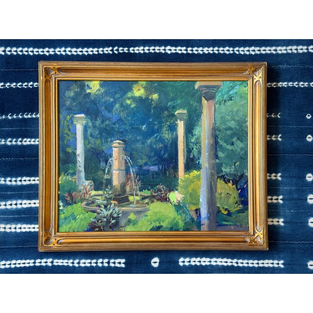 Loose, abstract brushwork gives this oil on board a feeling of wild, encroaching nature, ready to fell columns in a once...