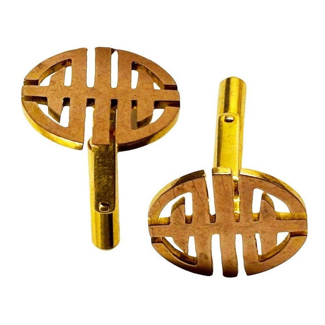 1960s 1960s 14k MCM Round Chinese "Longevity" Cufflinks Circle Cut Men's Cufflinks, Pair For Sale - Image 5 of 7