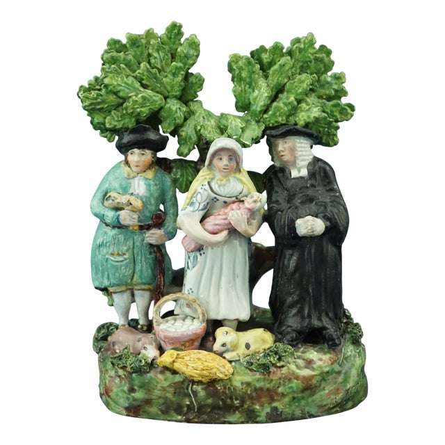 19th Century English Staffordshire Ceramic Sculpture of Peasant Family with Child attributable to John Dale, 1800s For Sale