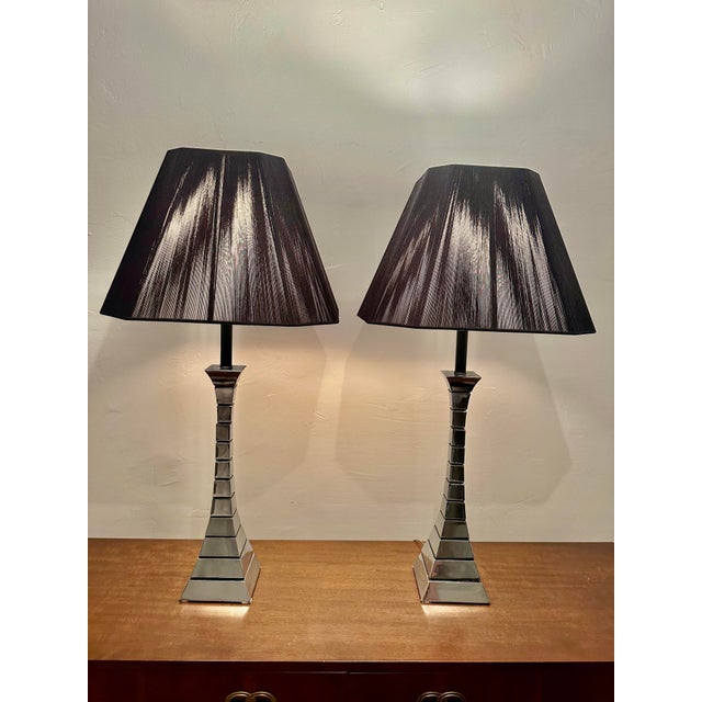 Chrome Modernist Polished Chrome Hour Glass Sectional Lamps - a Pair For Sale - Image 8 of 8