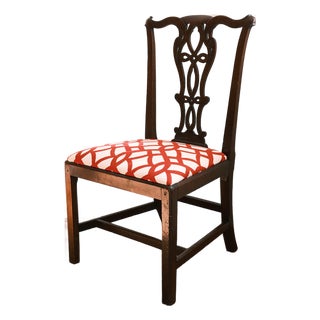 Antique Chippendale Style Ribbon Back Side Chair With Red & White Upholstery For Sale