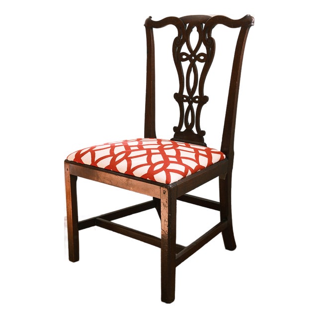 Antique Chippendale Style Ribbon Back Side Chair With Red & White Upholstery For Sale