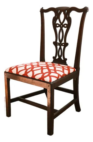 Antique Chippendale Style Ribbon Back Side Chair With Red & White Upholstery