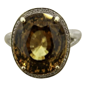 Large Zircon Diamond Gold Cocktail Ring, Size 7.25