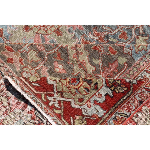Persian Antique Serapi Rug With All-Over Geometric Design in Gray-Blue and Red For Sale - Image 13 of 14