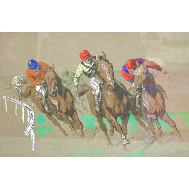 EUGENE PEACHAUBES (French, 1890-1967). THE HORSE RACES, Gouache on Paper Signed lower right hand corner. Framed. Not...