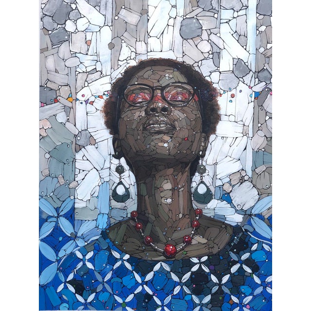 Journey to the Grey Land depicts a figure with an expressive gaze, surrounded by a mosaic of fragmented shapes that evoke...