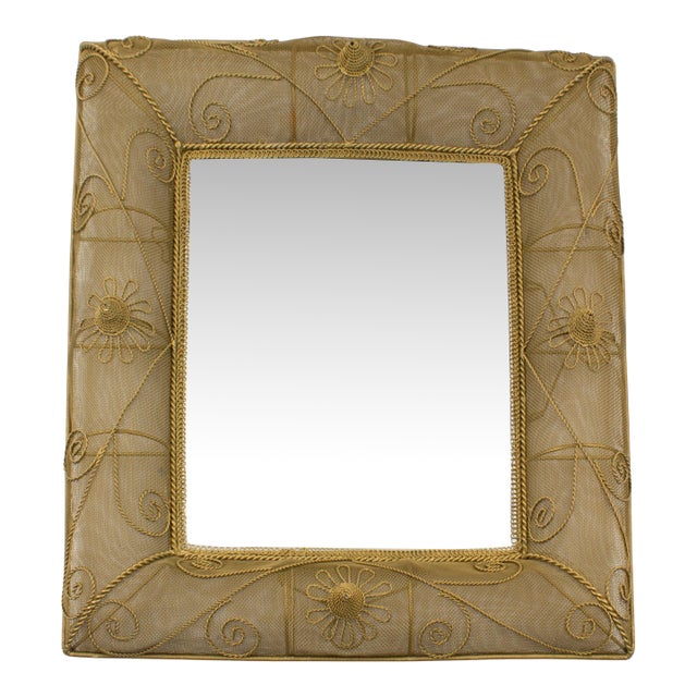 Gilt Metal Wire Mesh Wall Mirror with Floral Decor, circa 1950 For Sale