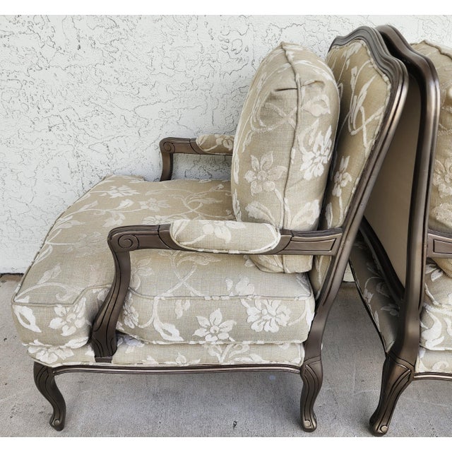 Vintage French Louis XV Armchairs Damask Linen Pair For Sale - Image 13 of 16