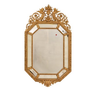Antique Louis Philippe Octagonal Gold Leaf Wall Mirror with Avec Flowers and Cherubs, Mirror, 19th Century For Sale