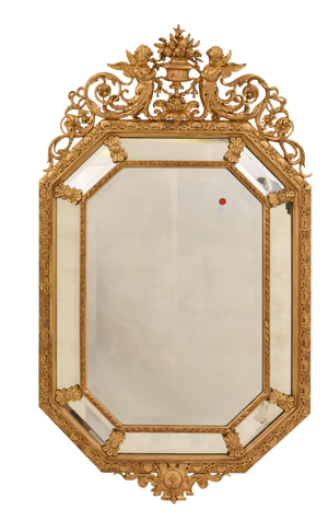 Antique Louis Philippe Octagonal Gold Leaf Wall Mirror with Avec Flowers and Cherubs, Mirror, 19th Century