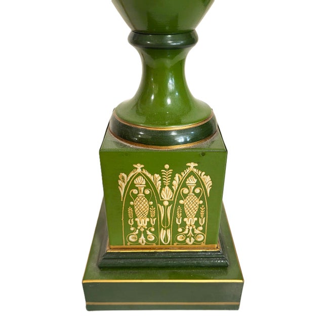 Vintage French 20th C Designer Empire Style Green & Gold Swan Urn Lamp For Sale - Image 12 of 17