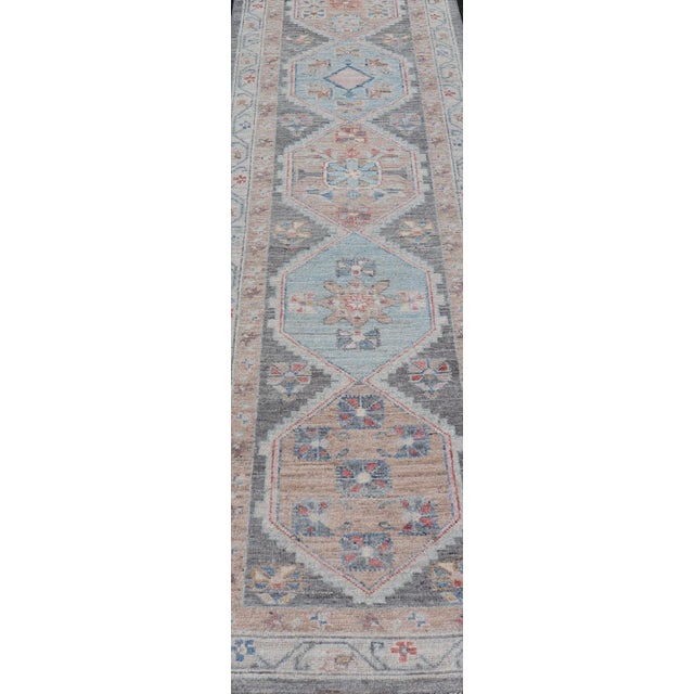Textile Floral Medallion Oushak Runner With Tribal Motifs and on a Gray Background For Sale - Image 7 of 13