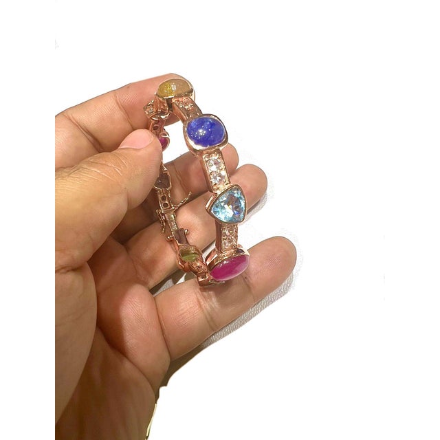 Bochic “Capri” Vintage Ruby & Multi Sapphire Cuff Set In 18K Gold & Silver For Sale - Image 9 of 9