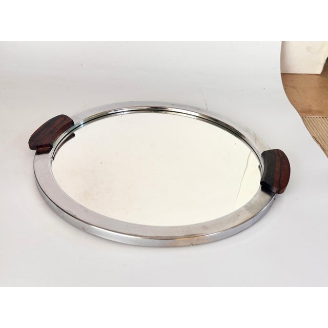 Metal Art Deco Metal and Brown Wood Tray with Handles and Mirror, France, 1930 For Sale - Image 7 of 11