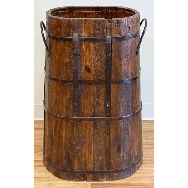 Brown Antique Large Wood Bucket Umbrella Stand With Metal Fittings For Sale - Image 8 of 10