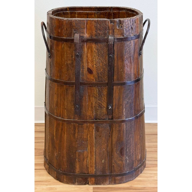 Brown Antique Large Wood Bucket With Metal Fittings For Sale - Image 8 of 10