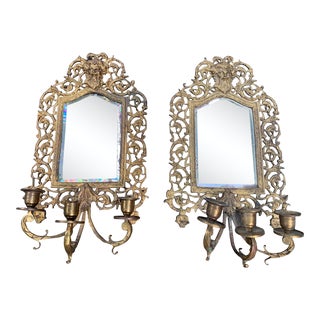 Early 20th Century Bradly and Hubbard Victorian Brass Gilt Bronze Bacchus Mirrored 3 Candle Candelabra Wall Sconces - a Pair For Sale