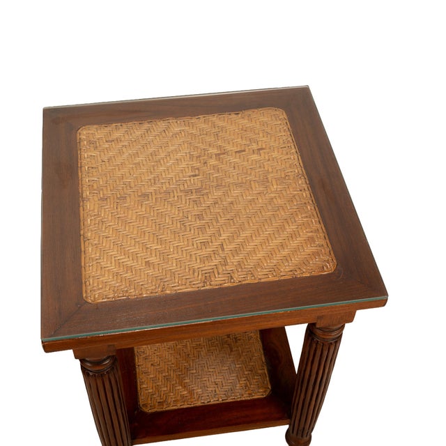 1980s Bauer International Wood & Woven Cane Side Tables With Glass Tops - A Pair For Sale - Image 10 of 12