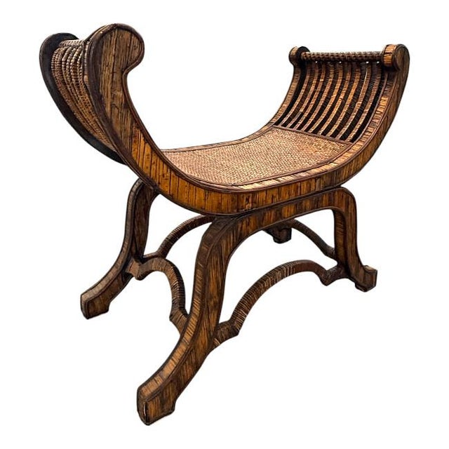 Mid 20th Century Vintage Egyptian-Style Rattan & Grasscloth Bench For Sale - Image 5 of 10