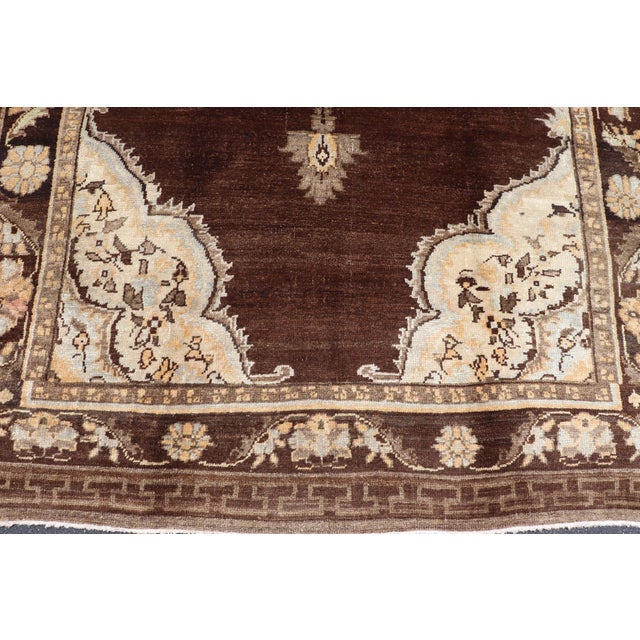 Mid 20th Century Brown Background Floral Medallion Vintage Turkish Kars Rug in Ivory and Taupe For Sale - Image 11 of 14