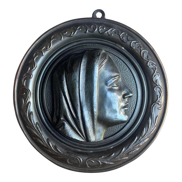 Antique Cast Bronze Relief Medallion Cameo of a Cloaked Lady Figure Wall Plaque Rondelle For Sale