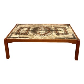 1960s Danish Modern Teak & Abstract Ceramic Tile Coffee Table Made in Denmark For Sale