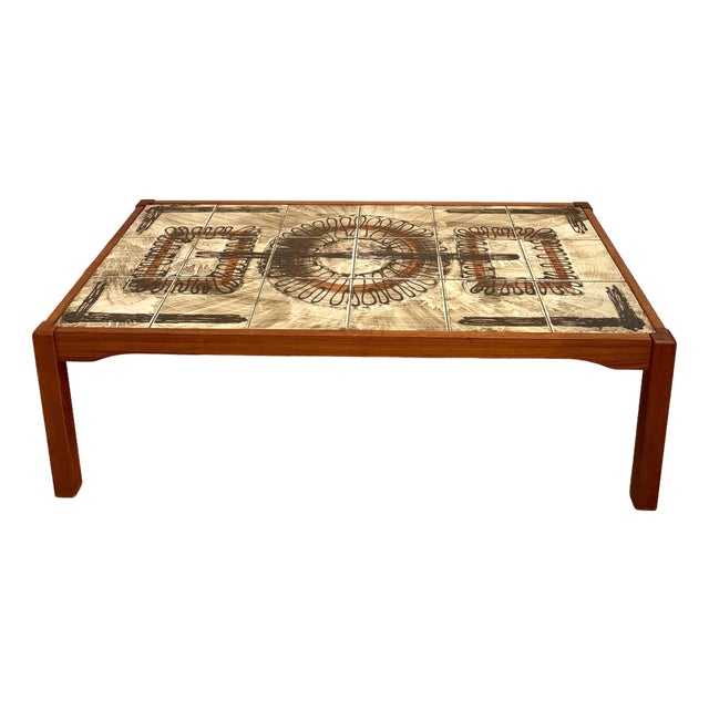 1960s Danish Modern Teak & Abstract Ceramic Tile Coffee Table Made in Denmark For Sale