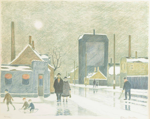 Folmer Bendtsen, Working-Class Neighborhood in Wintertime, 1960, Color Lithograph