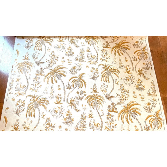 Lisa Fine's "Pasha" Fabric. Bamboo color way. Printed on linen. 6 yards. Repeat 27"H x 27"V. 52" wide. Palm trees, animals...