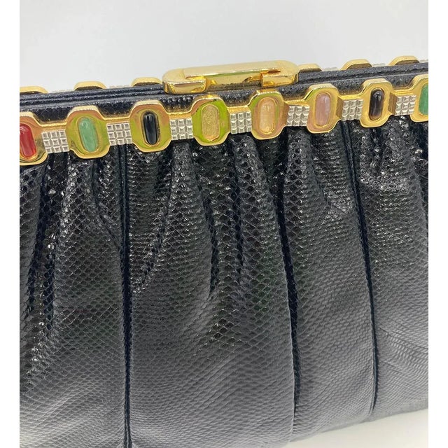 Judith Leiber Black Lizard Multi Colour Gemstone Top Clutch For Sale - Image 10 of 12