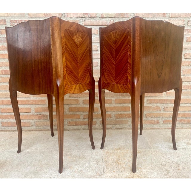 Early 20th Century French Marquetry and Iron Hardware Bedside Tables or Nightstand, A Pair For Sale - Image 11 of 18