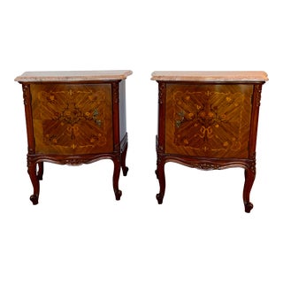 Early 1900's French Wood Inlay and Pink Marble Nightstands Pair For Sale
