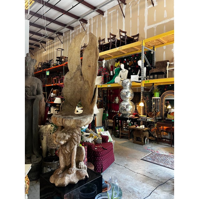 Wood Vintage Wooden Hand Carved Sculptural Lion Plant Stand, Signed For Sale - Image 7 of 9
