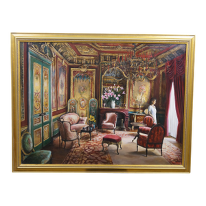 Late 20th Century Harry McCormick "Red Interior" Victorian Palace Parlor Oil Painting Canvas 43"