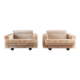 Pair of Mid-Century Velvet Cube Style Lounge Chairs For Sale