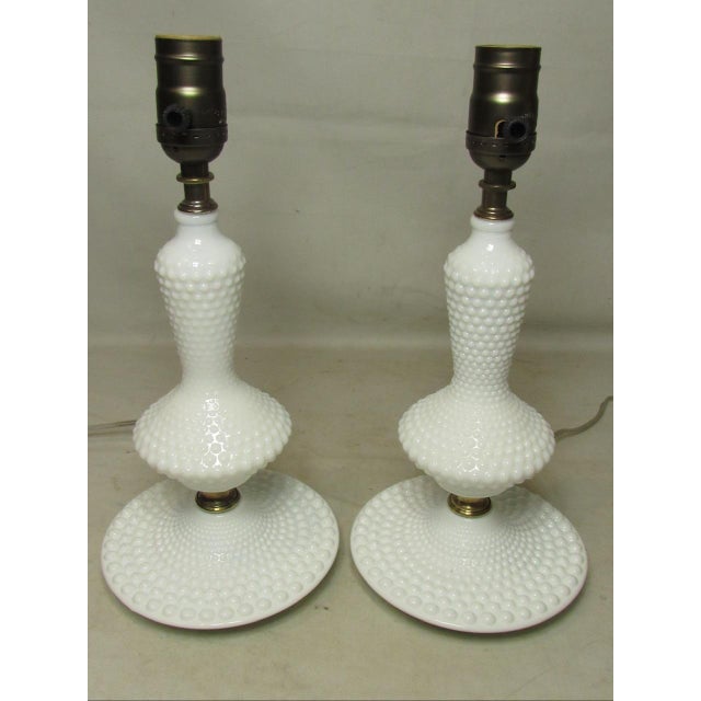 Pair of vintage white hobnail milk glass lamps, c.1950’s A shapely pair of lamps, having raised hobnail decoration...