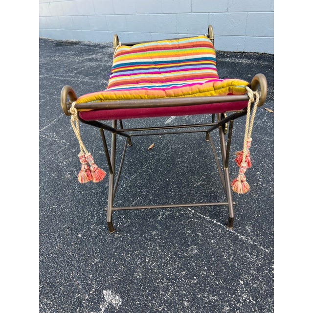Metal Vintage Hollywood Regency Campaign Style Wrought Iron Curved Sling Bench For Sale - Image 7 of 12