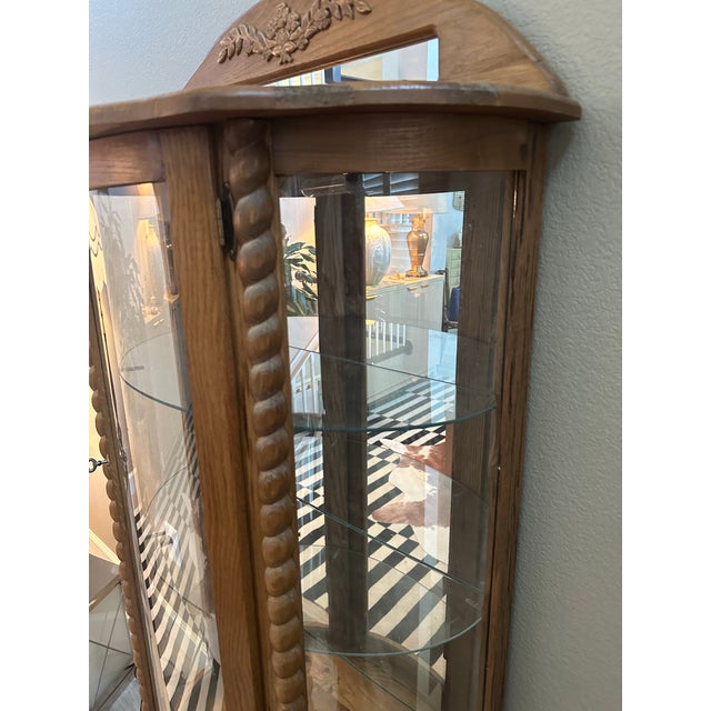 1980s Oak Curved Glass Lighted Curio Cabinet For Sale - Image 4 of 10