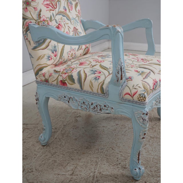 Textile Pair of French Provincial Blue Frame Open Arm Chairs For Sale - Image 7 of 18