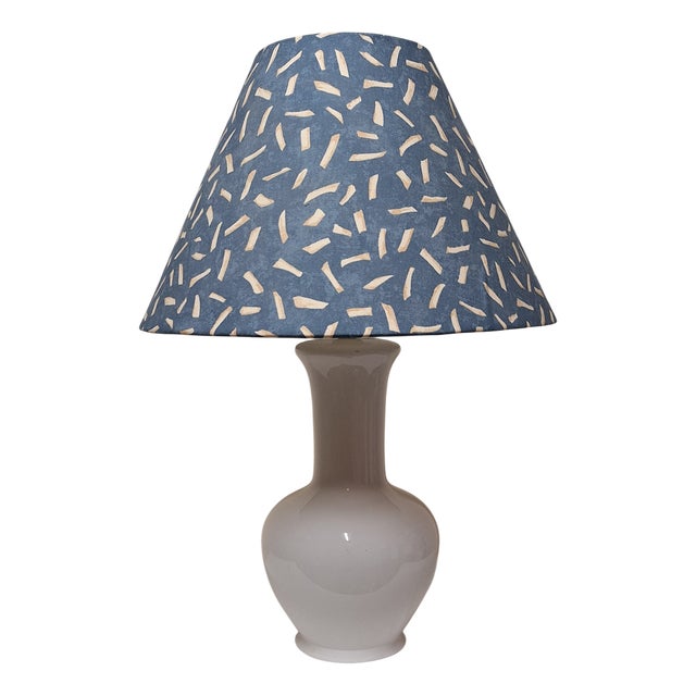 Vintage White Ceramic Table Lamp with Blue Patterned Fabric Shade, 1980s For Sale