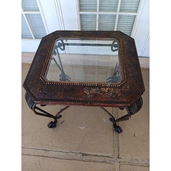 Glass Top End Table With Leaf Etched Trim On Dark Metal Legs Only One Table Style: Traditional Color: Black Dimensions:...