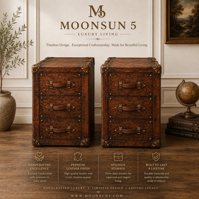 Bring timeless British-inspired luxury into your bedroom with this handcrafted leather trunk-style nightstand pair....